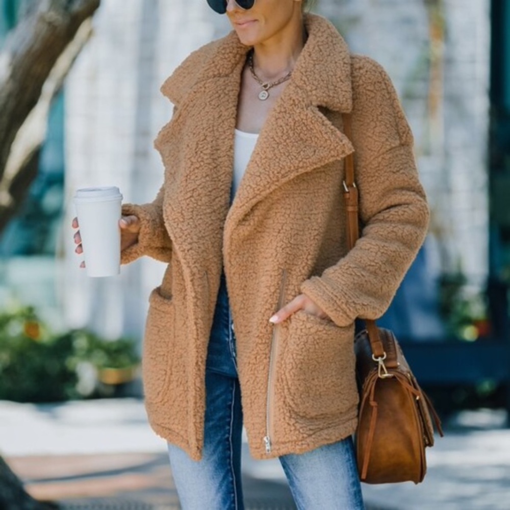 Cozy Khaki Tan Wide Collar Teddy Jacket Coat Oversized - Picture 2 of 16